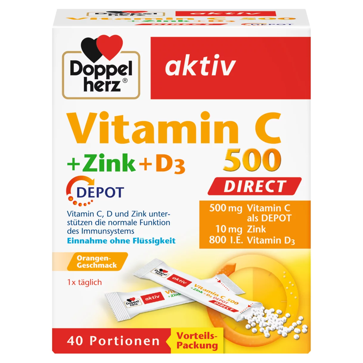 Abbildung der Produktverpackung Doppelherz aktiv Vitamin C 500 DIRECT Frontansicht